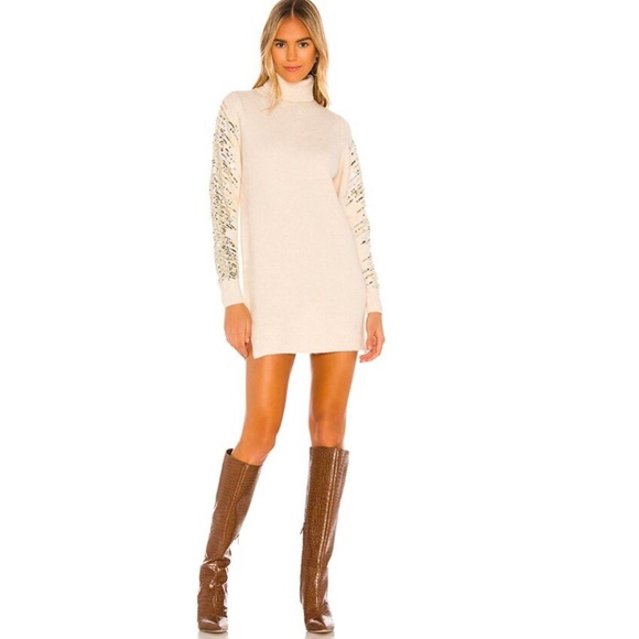 NWT Superdown Size Small Rudie Sparkle Sleeve Cream Turtleneck Sequin Dress Slit - Picture 2 of 9